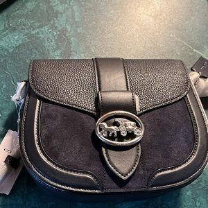 NWT Coach Georgie Saddle Bag Dark Navy Blue Silver Hardware Crossbody Ba…